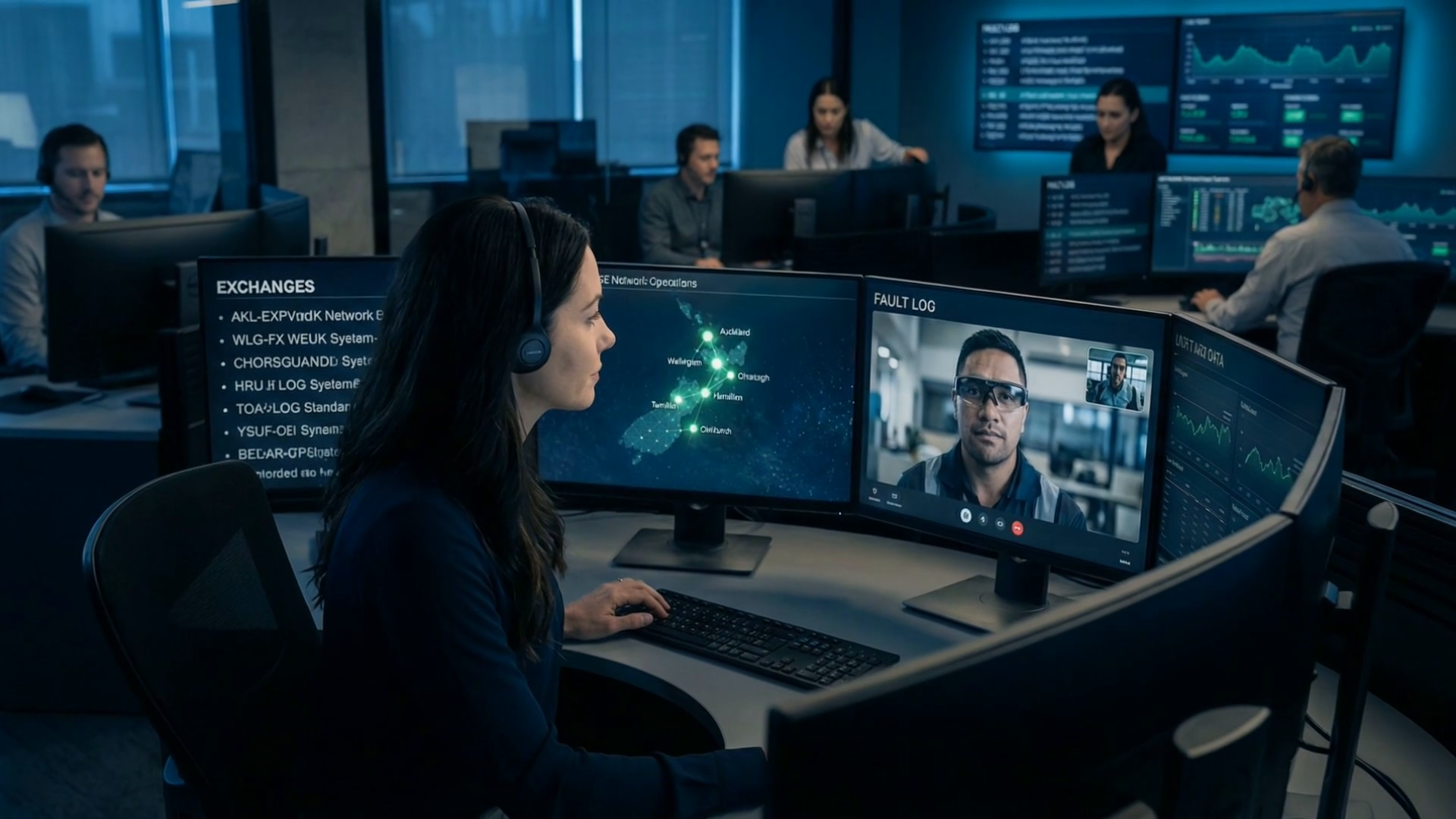 Operations centre with live network map, fault log and a video feed of a technician wearing the Lens.