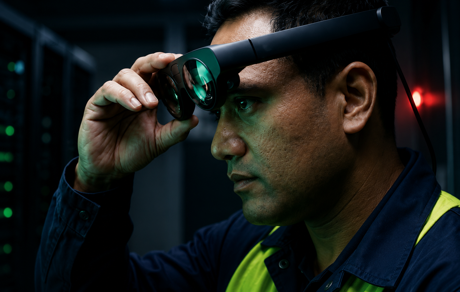 Detailed side profile of the Augment AI Lens hardware showing the optical assembly.