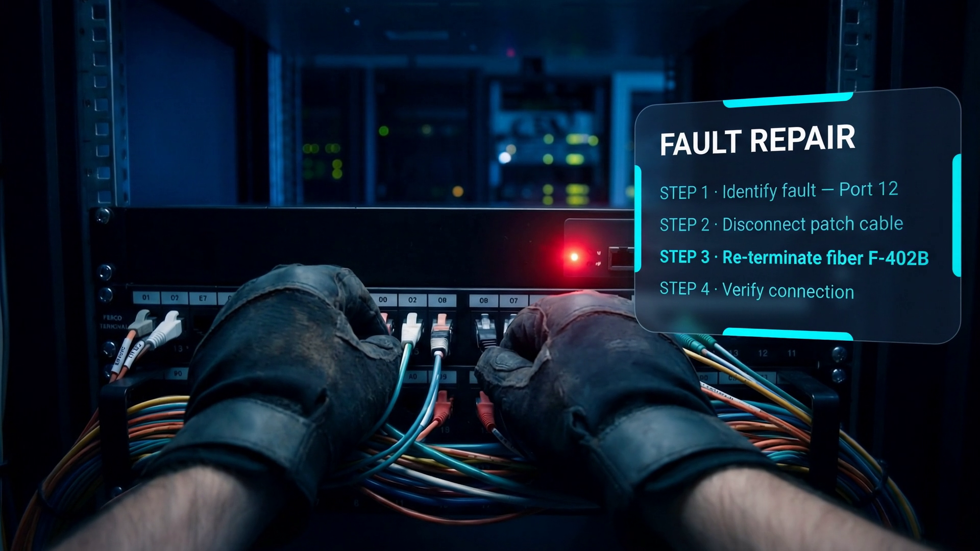 First-person view of a technician wearing work gloves repairing a fibre patch panel while an in-lens Augment AI overlay lists the next fault repair steps