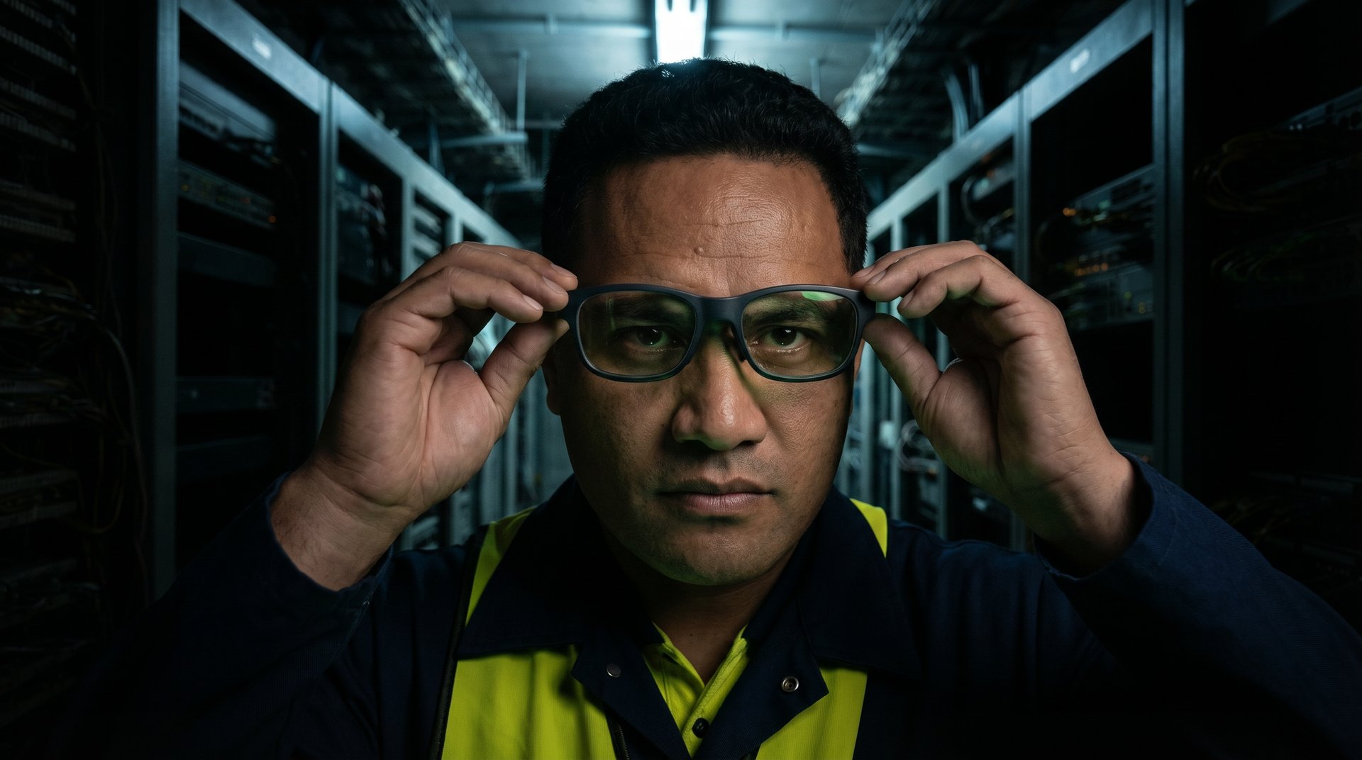 Field technician putting on Augment AI lens inside a data hall lined with server racks.
