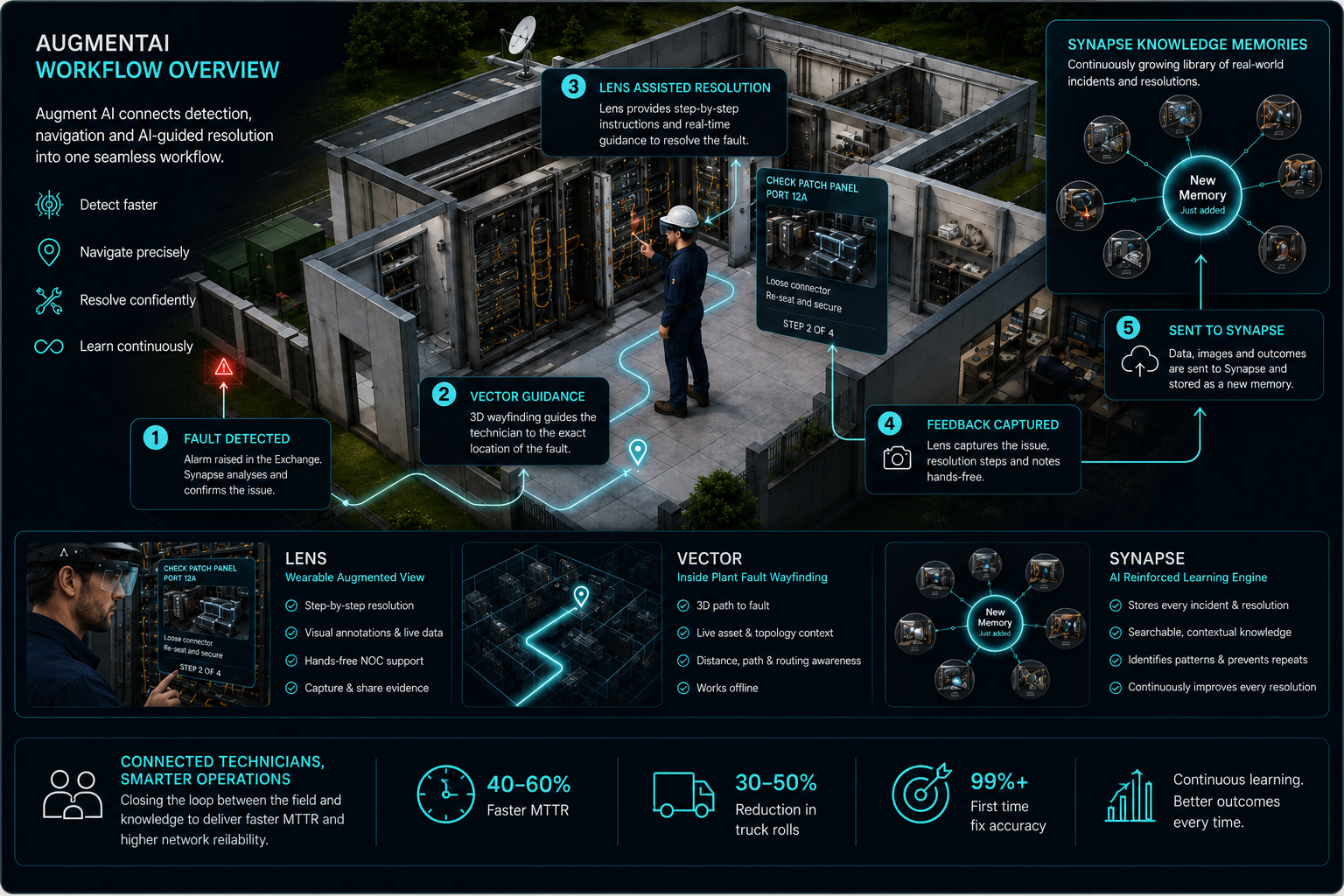 Augment AI workflow overview: five numbered steps (Fault detected, Vector guidance, Lens assisted resolution, Feedback captured, and Sent to Synapse) connecting detection, navigation and AI-guided resolution into one seamless workflow across an exchange.